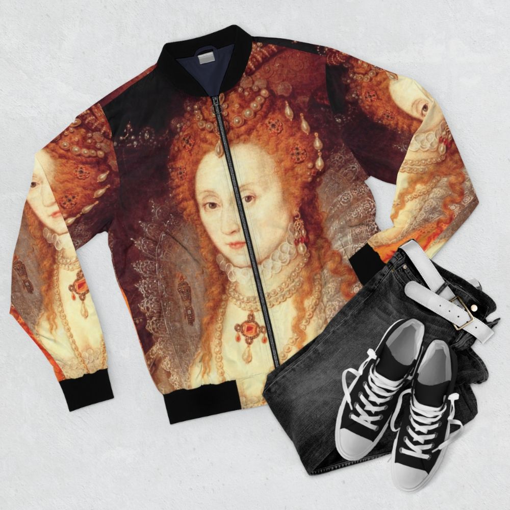 Elizabethan Portrait Bomber Jacket featuring a portrait of Queen Elizabeth I - Flat lay