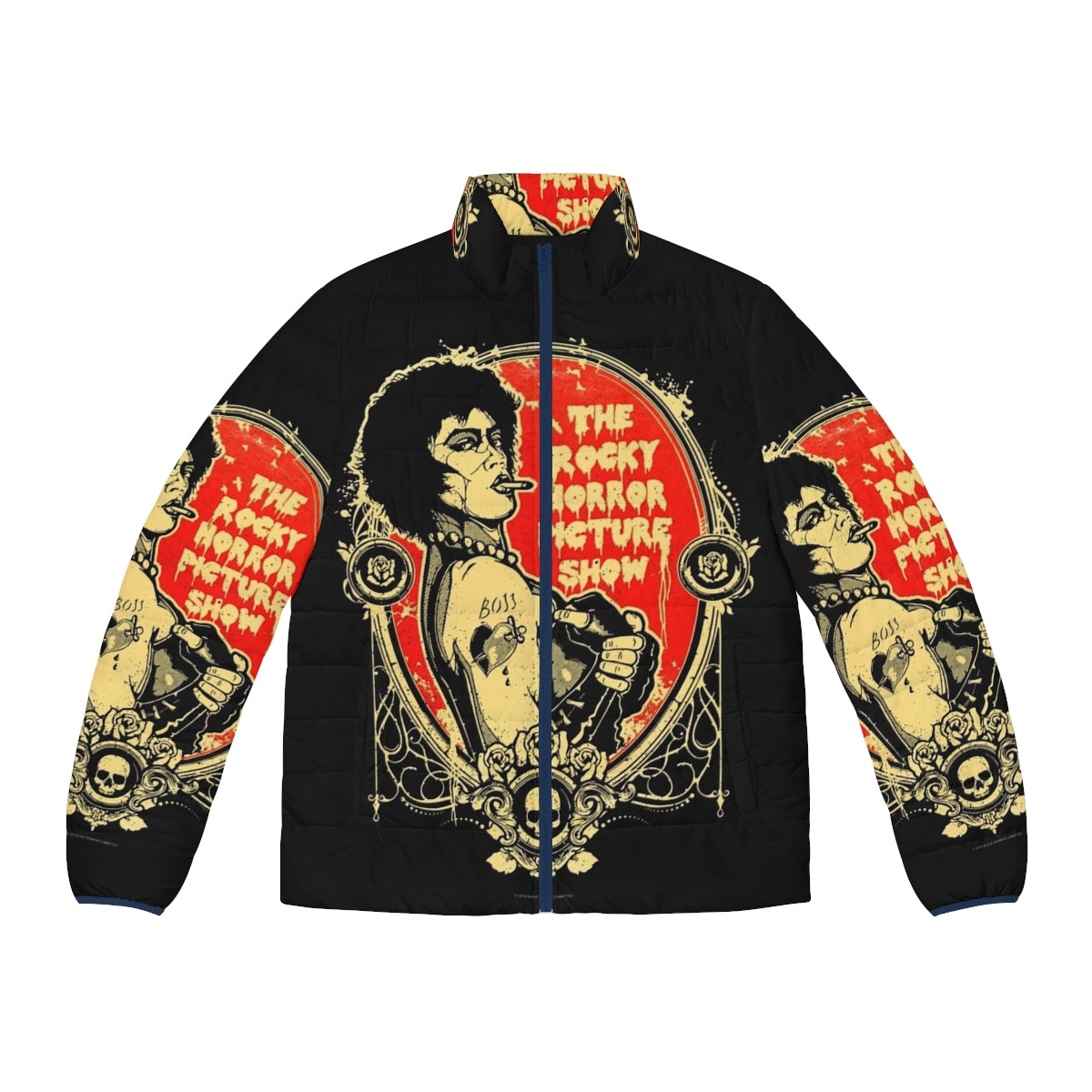 Rocky Horror Picture Show themed puffer jacket with bold graphic design