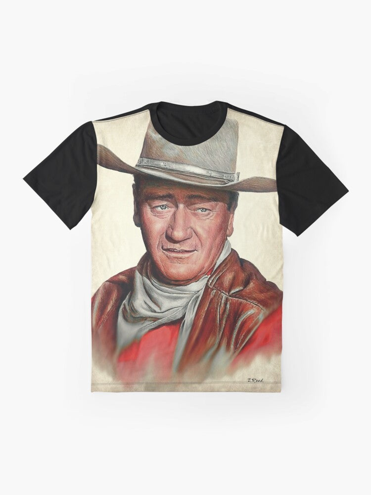 Iconic portrait of legendary actor John Wayne in a classic western-style graphic t-shirt design. - Flat lay