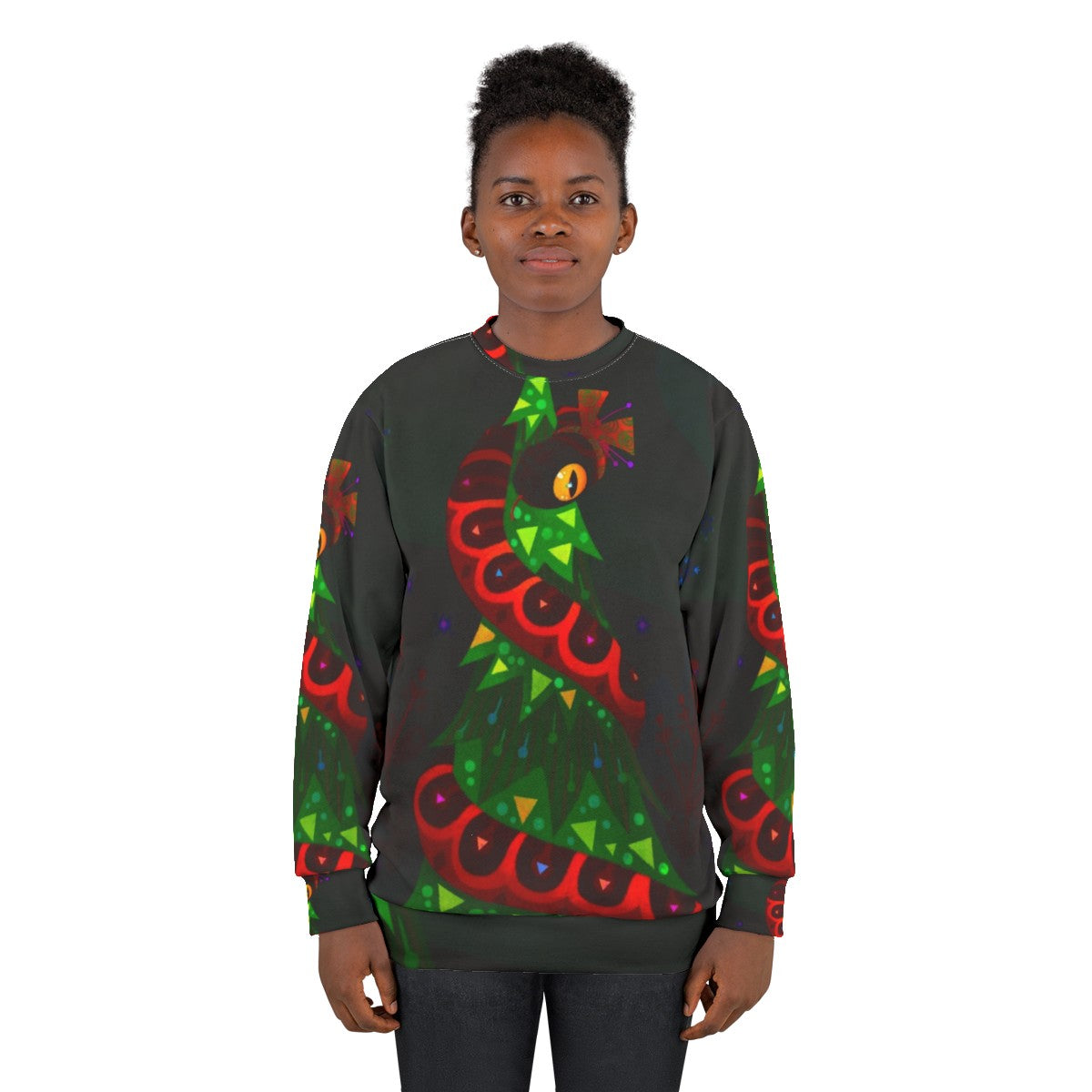 Festive Christmas snake sweatshirt with holiday tree design - women