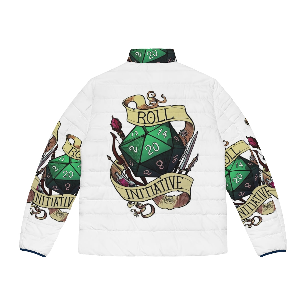 Dice puffer jacket with "Roll Initiative" printed design, perfect for tabletop RPG fans - Back