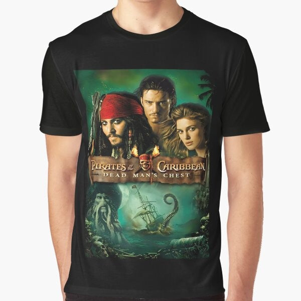 A graphic t-shirt featuring the iconic characters and imagery from the movie "Pirates of the Caribbean: Dead Man's Chest", including Jack Sparrow, the Black Pearl, and the Caribbean setting.