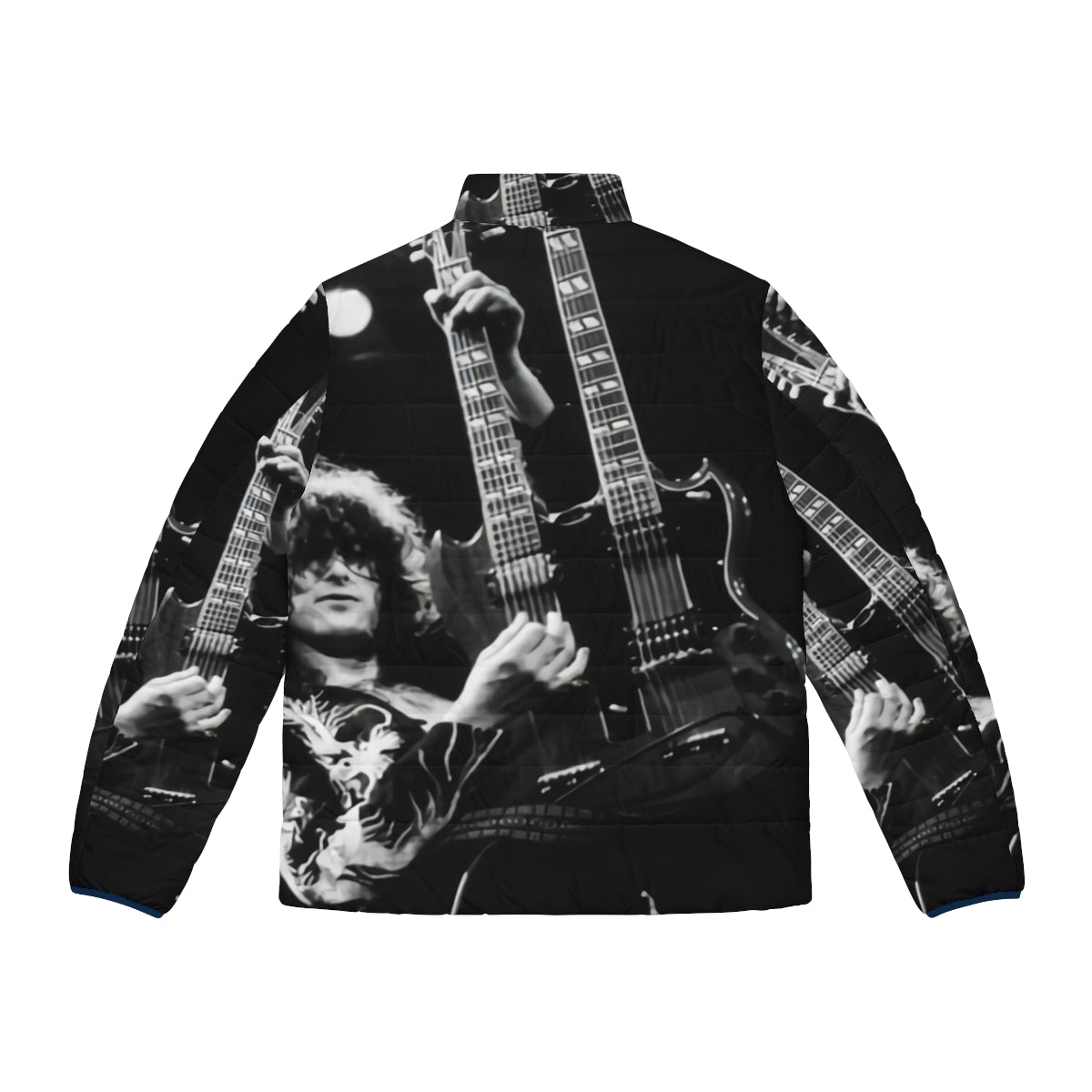 Vintage-inspired puffer jacket with image of Jimmy Guitaris playing guitar - Back