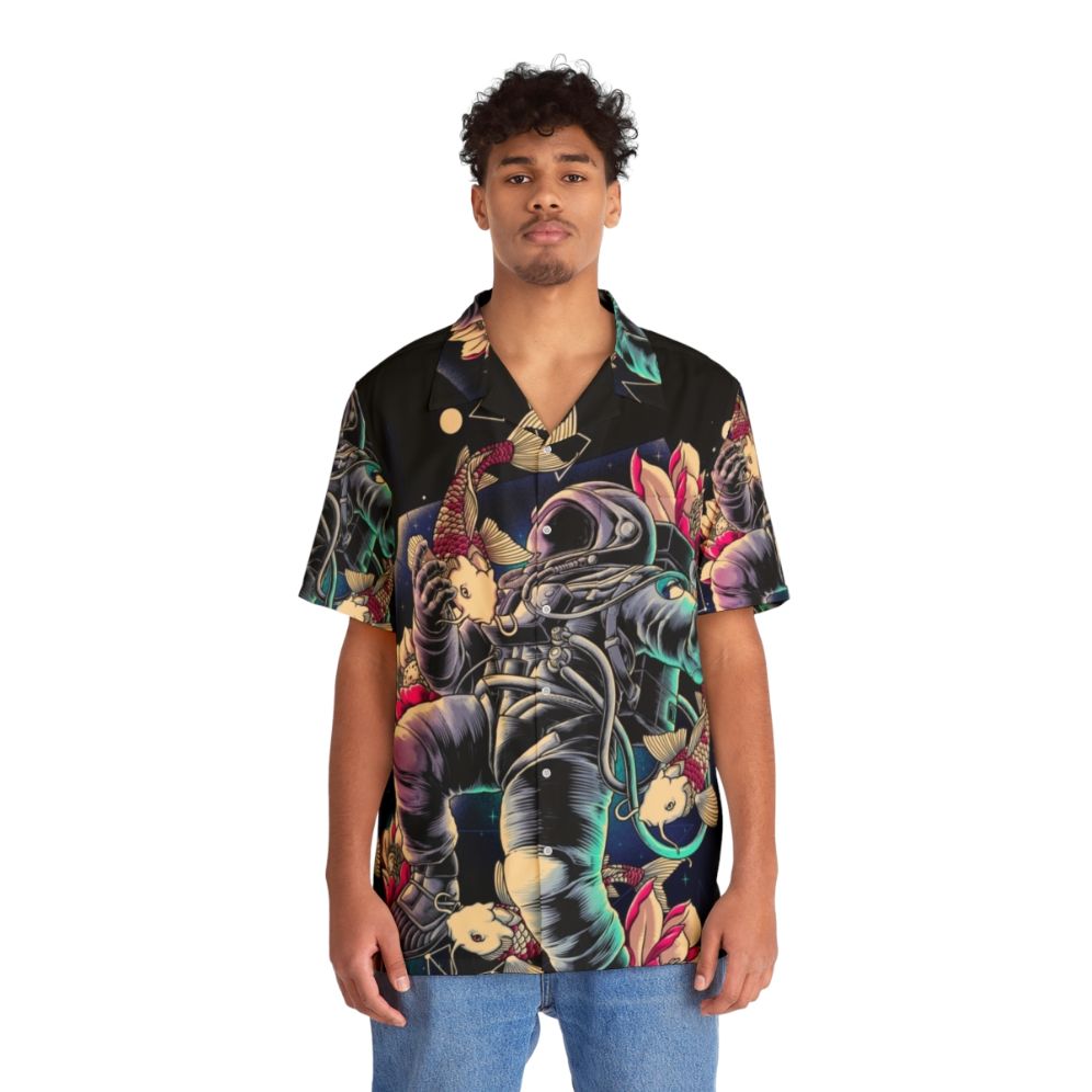 Deep space-themed Hawaiian shirt with astronaut, stars, and cosmic patterns - People Front