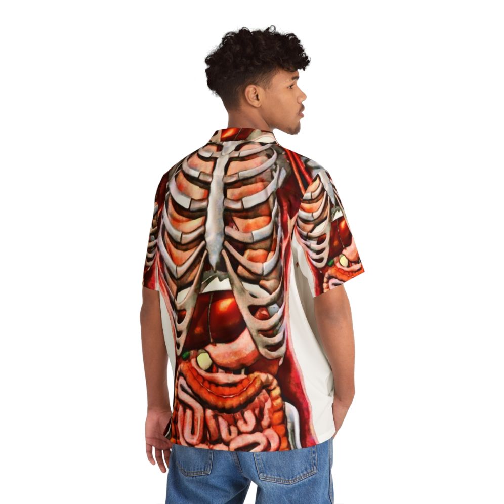 Anatomically detailed Hawaiian shirt with skeleton and internal organ design - Flat lay