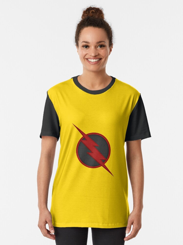 Yellow t-shirt with a graphic design featuring Professor Zoom, the Reverse Flash - Women