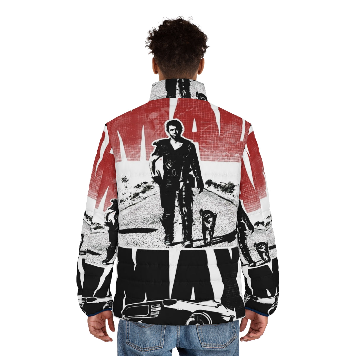 Mad Max Fury Road inspired puffer jacket with post-apocalyptic design - men back