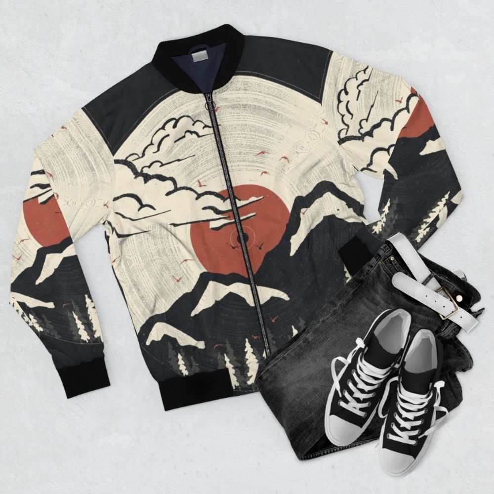 Mountain and nature-inspired bomber jacket with music and vinyl record elements - Flat lay