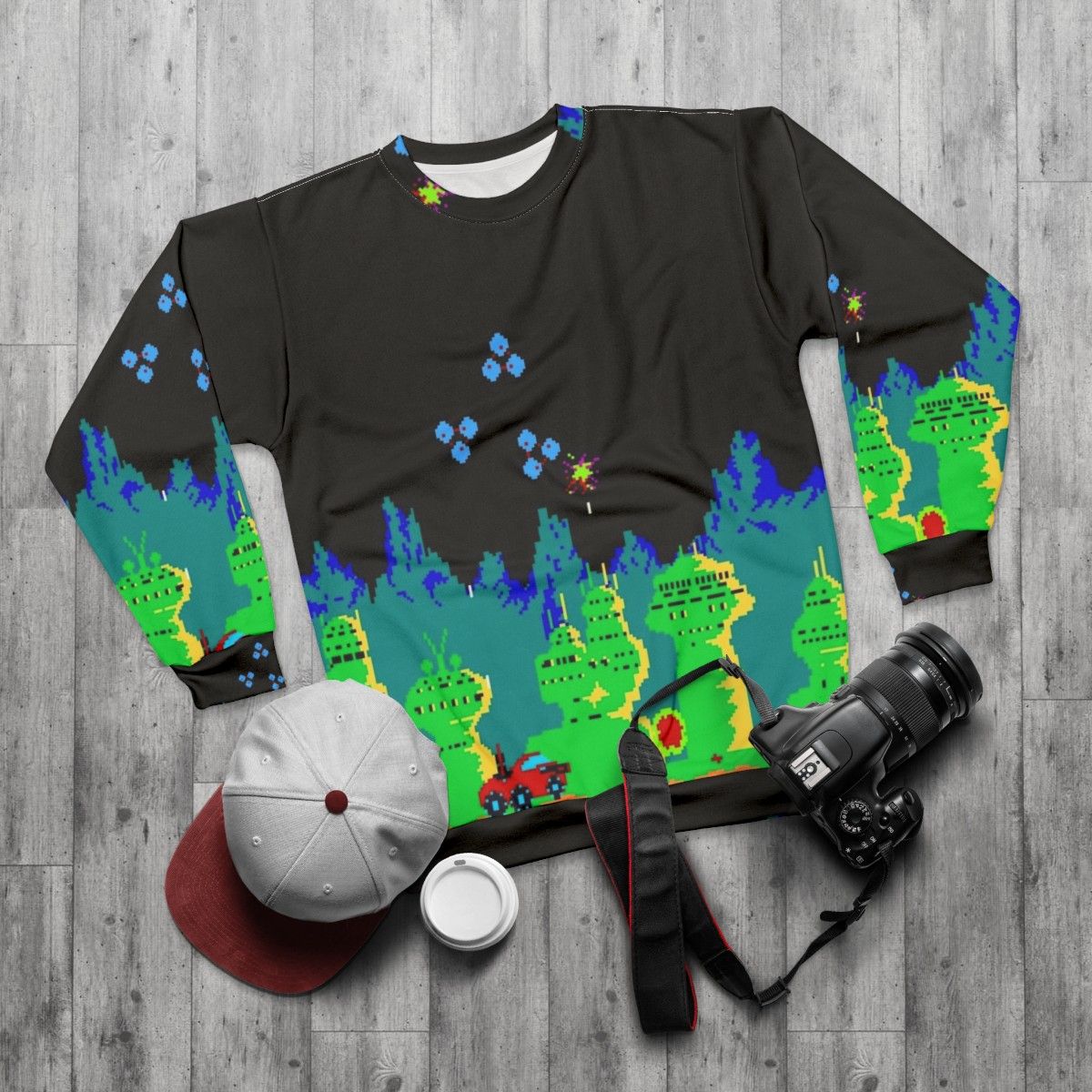 Moon Patrol 8-Bit Pixel Art Sweatshirt - flat lay