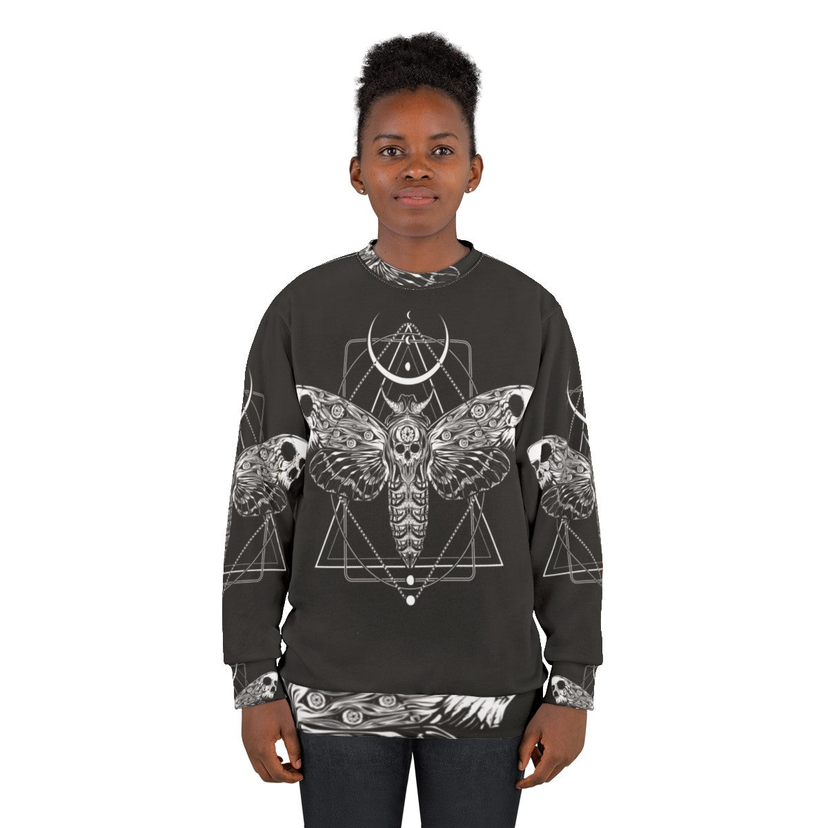 Surreal death moth graphic on a black sweatshirt - women