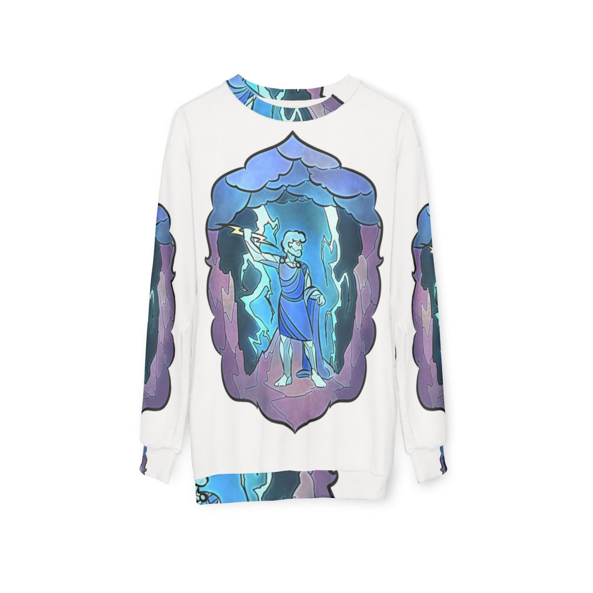 Stained glass design of the Greek god Zeus on a sweatshirt - hanging