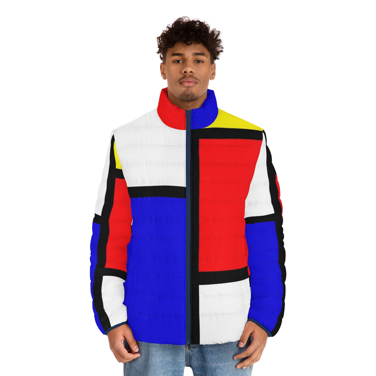 Mondrian inspired geometric puffer jacket in bold primary colors - men front