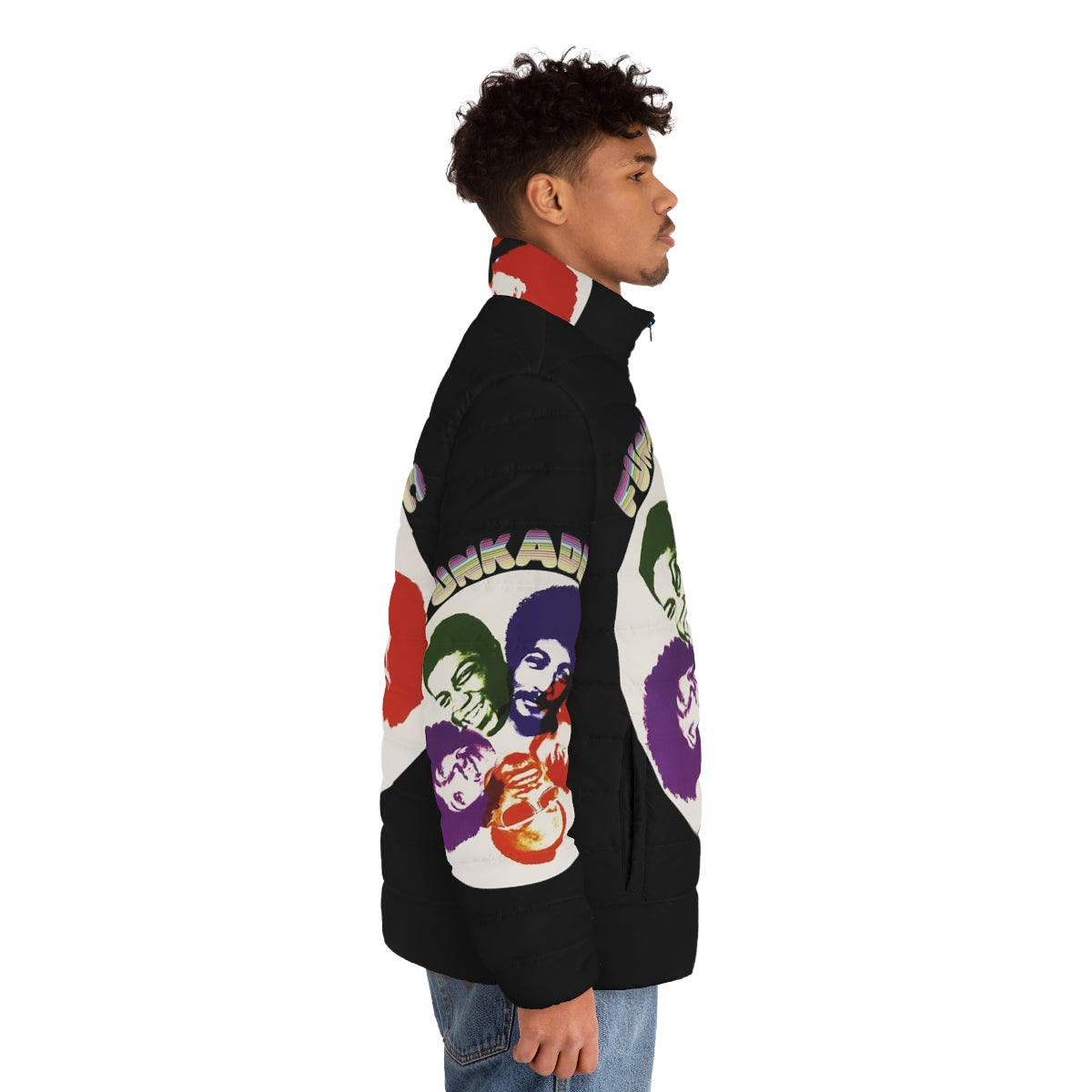 Funkadelic Parliament Band vintage puffer jacket with psychedelic and retro funk design - men side right