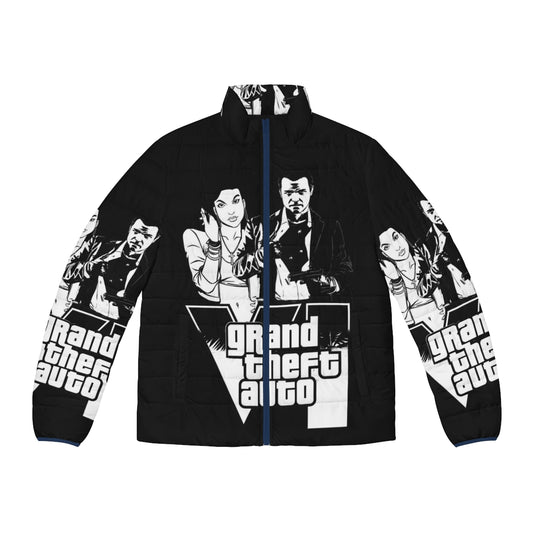 Grand Theft Auto inspired puffer jacket featuring classic gaming graphics and nostalgia