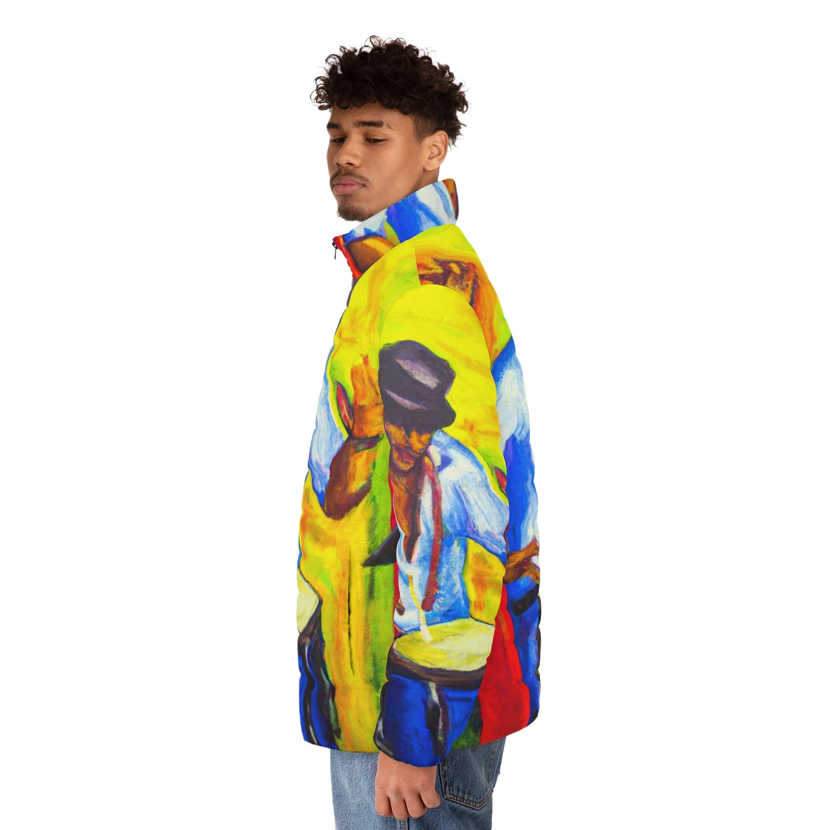 Colorful puffer jacket with oil painting design featuring rumba and latin music elements - men side left