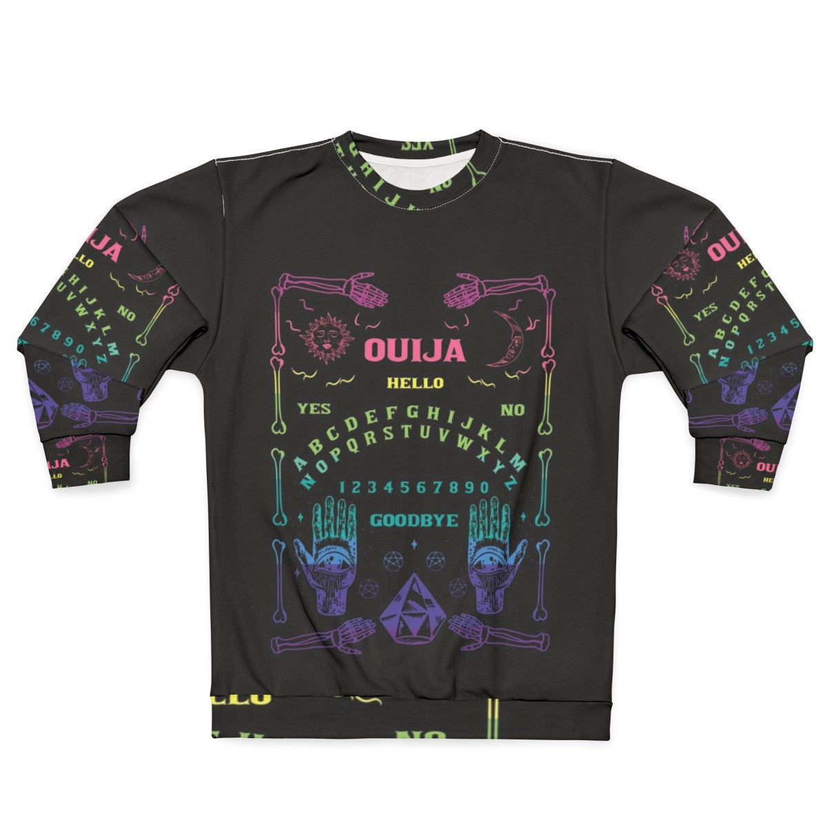 Colorful rainbow ouija board graphic on a sweatshirt