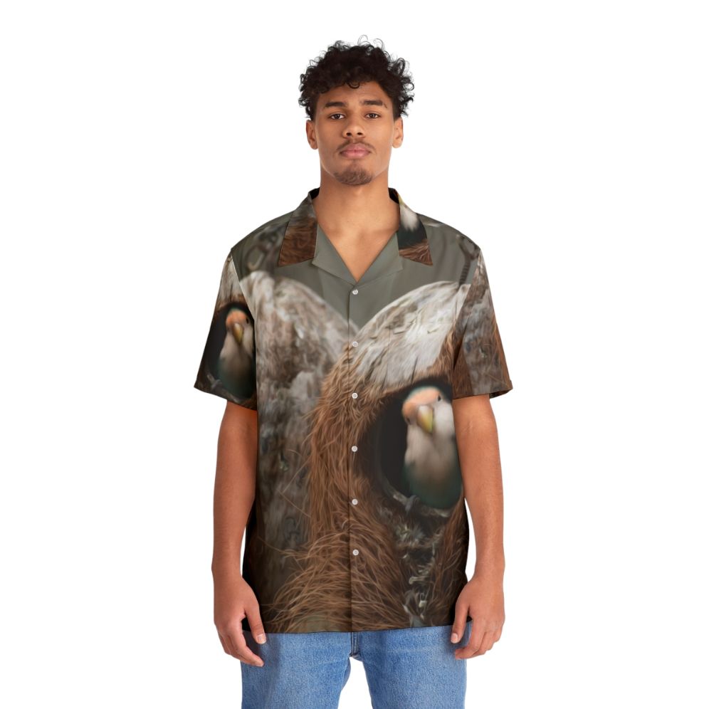 Colorful Hawaiian shirt with birds, feathers, and nature motifs - People Front