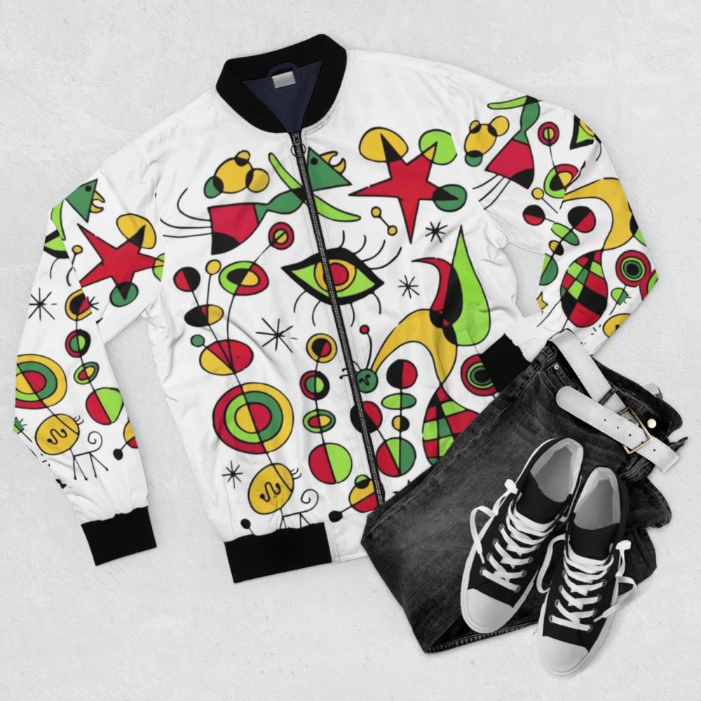 Joan Miro inspired colorful fish bomber jacket - Flat lay