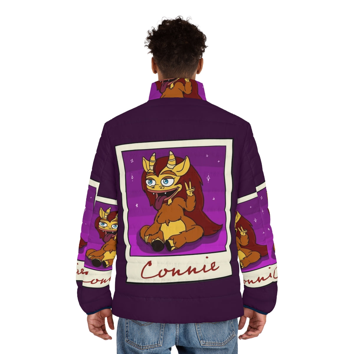 A cozy and stylish puffer jacket featuring Connie the Hormone Monster from the Netflix series Big Mouth. - men back