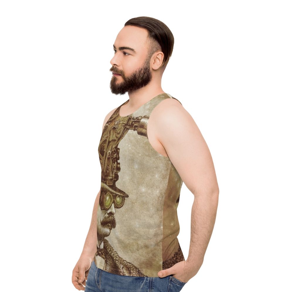 Unisex steampunk tank top with fantasy illustration of a movie projector - men side