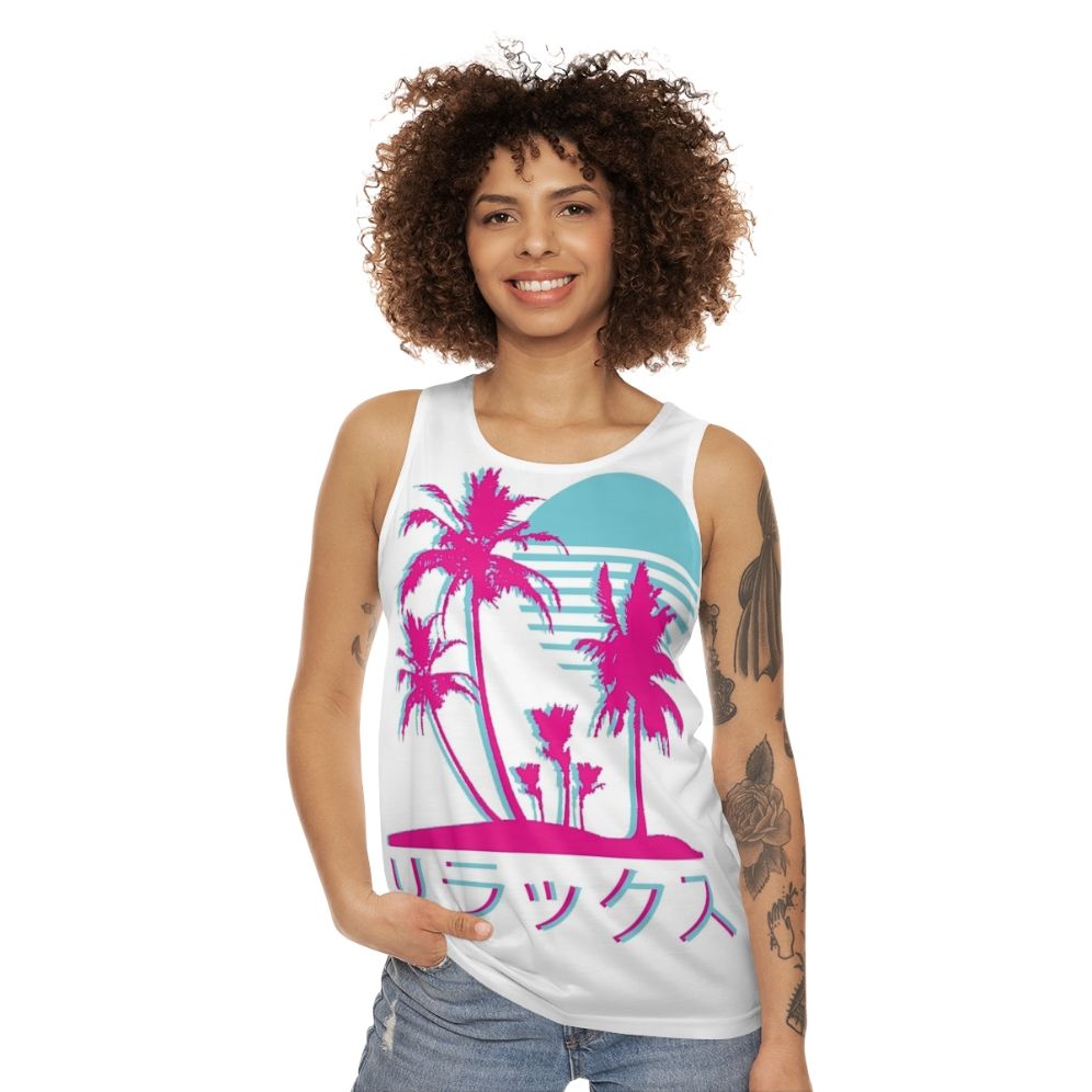 Retro vaporwave neon palms unisex tank top - women