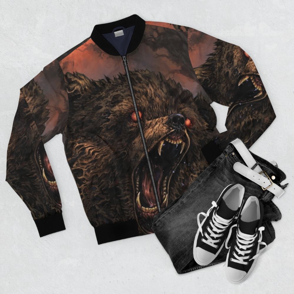 Grizzly Inscryption fantasy art bomber jacket featuring a detailed illustration of a beast or monster - Flat lay