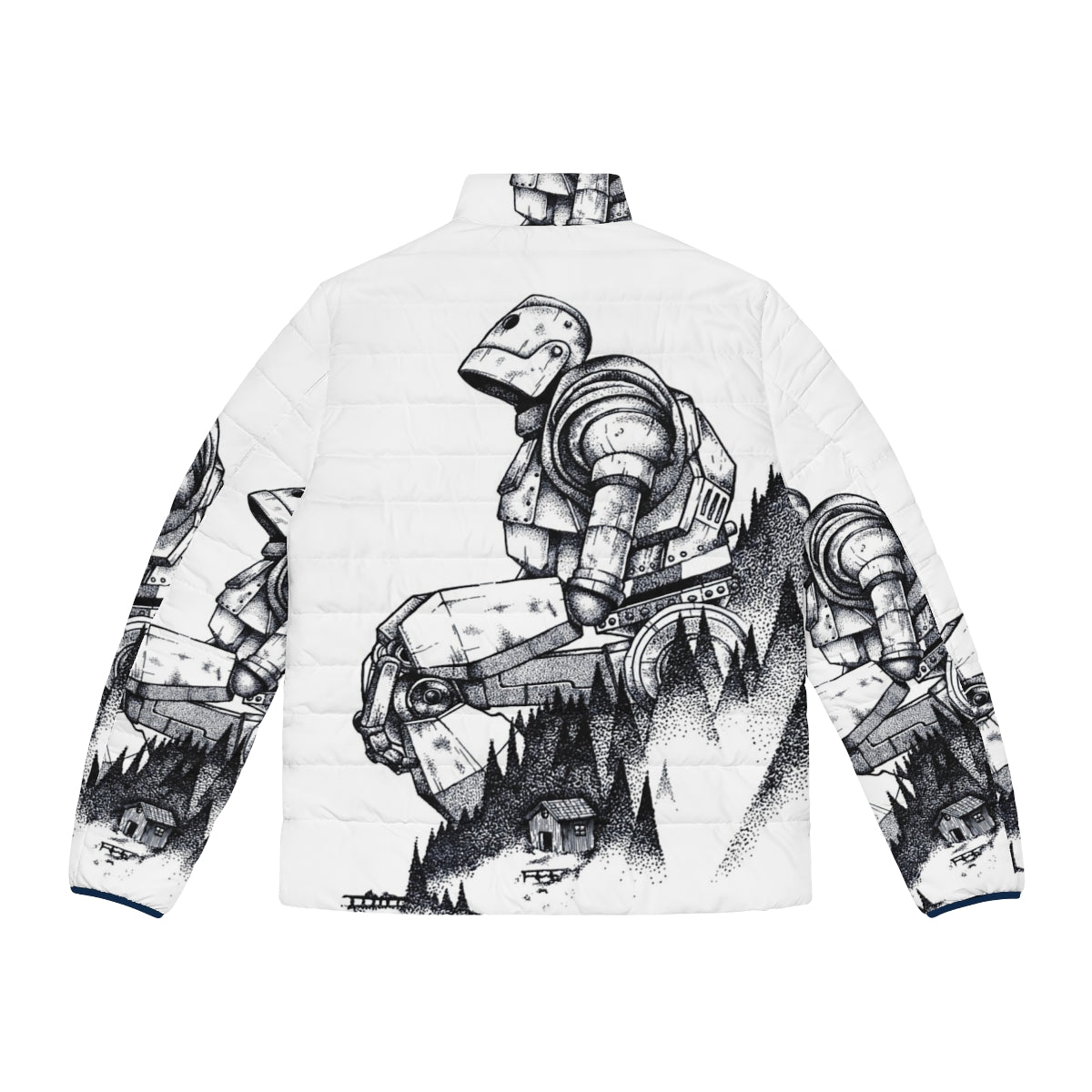 Iron Giant puffer jacket with a pointillistic design featuring the beloved robot hero in a forest setting - Back