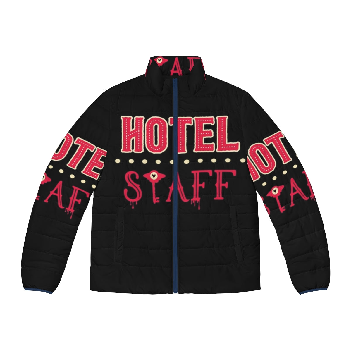 Hazbin Hotel Staff Puffer Jacket with demons, spiders, and other characters from the Hazbin Hotel universe