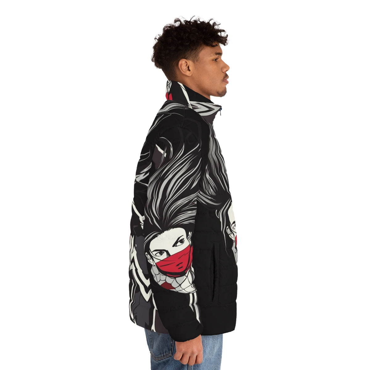 Cindy Moon inspired puffer jacket with spider-verse and superhero graphics - men side right