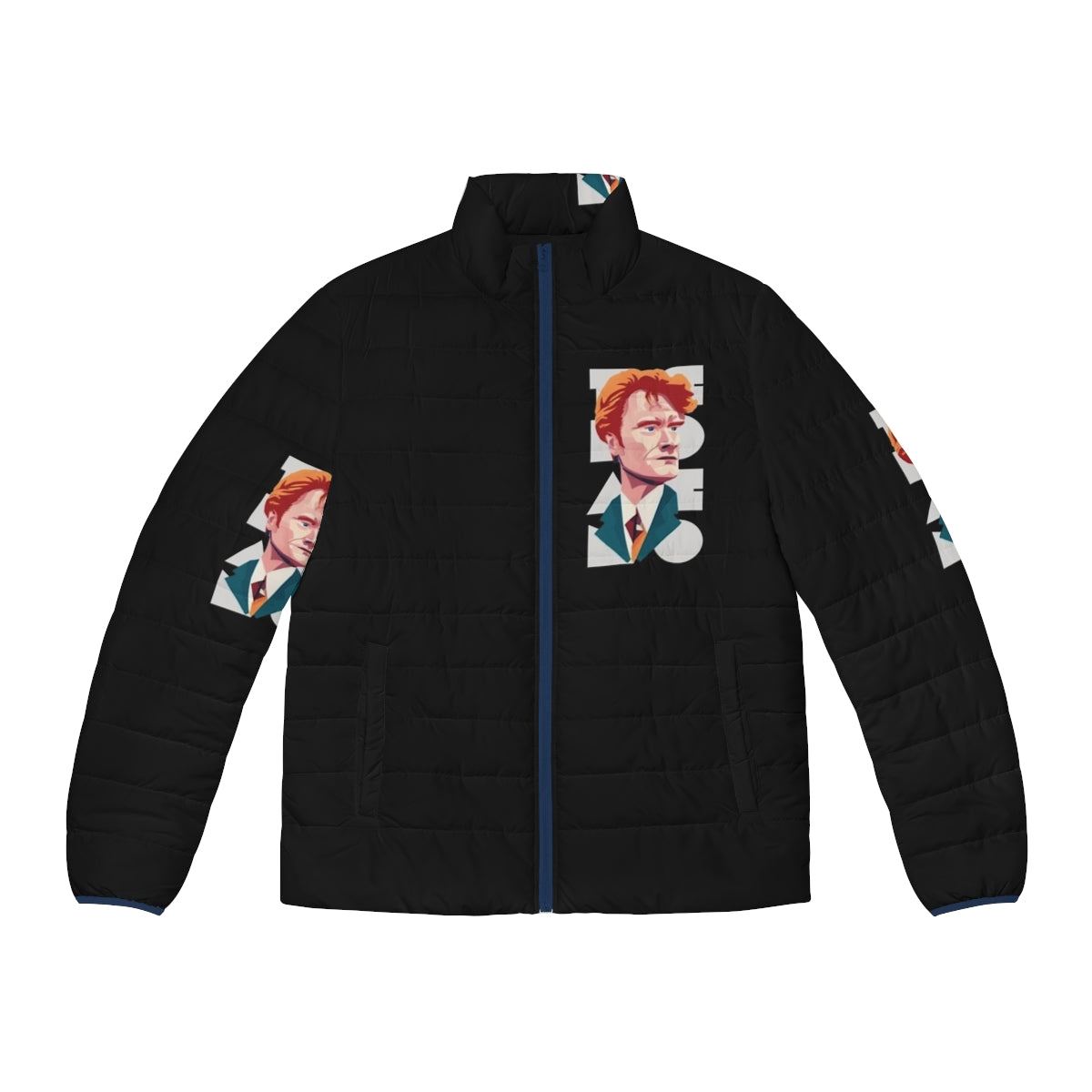 Team Coco Puffer Jacket featuring a funny caricature portrait of Conan O'Brien in a vintage style design