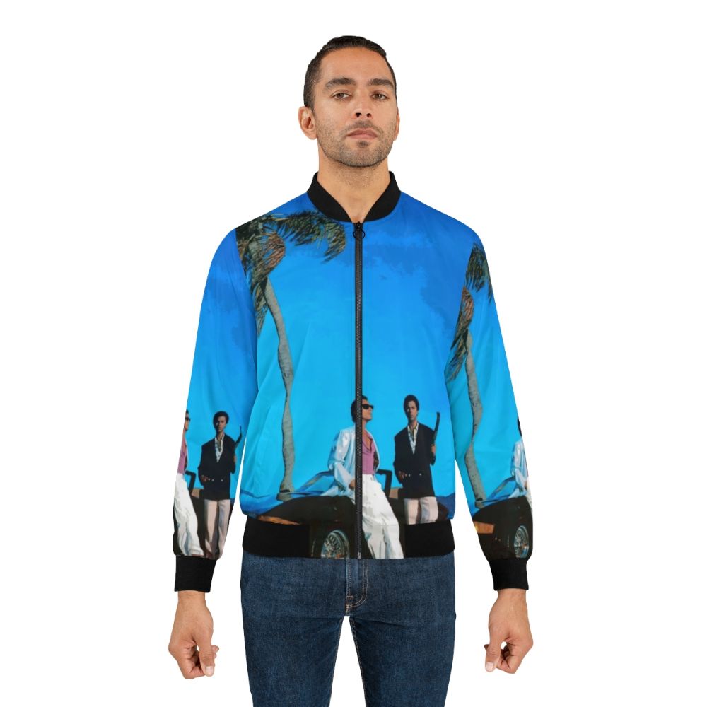 Miami Vice inspired retro bomber jacket featuring a blue illustration - Lifestyle