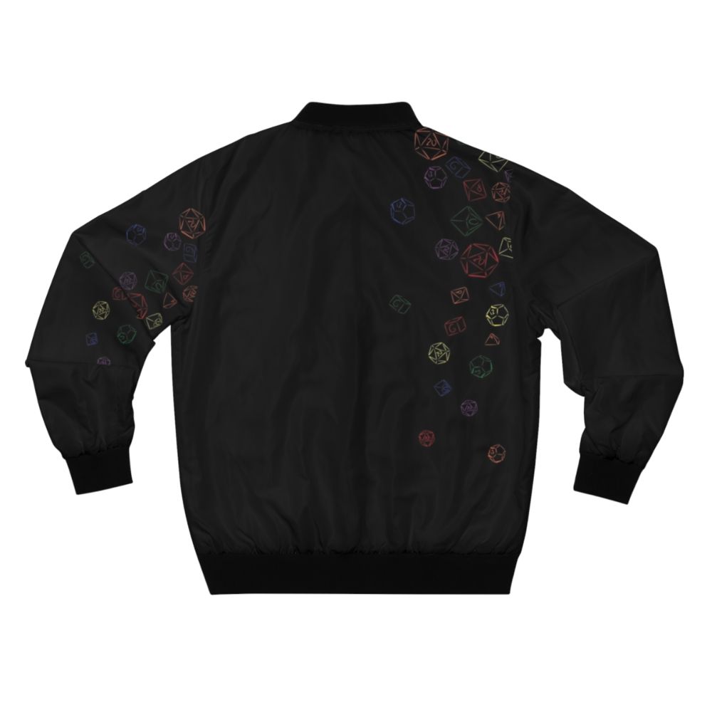 Colorful rainbow-patterned bomber jacket with dice print, ideal for gamers and TTRPG enthusiasts. - Back