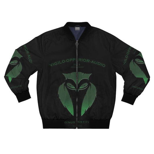 Dark bomber jacket with podcast, horror, and gothic design elements