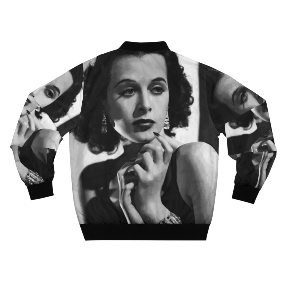 Vintage bomber jacket featuring a portrait of Hedy Lamarr, the iconic Hollywood actress and inventor - Back