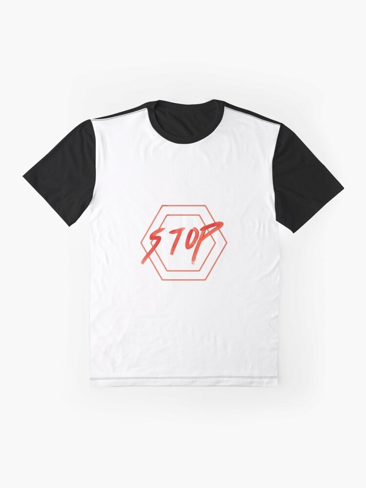 Cool Stop Graphic T-Shirt featuring a red hexagonal stop sign design - Flat lay