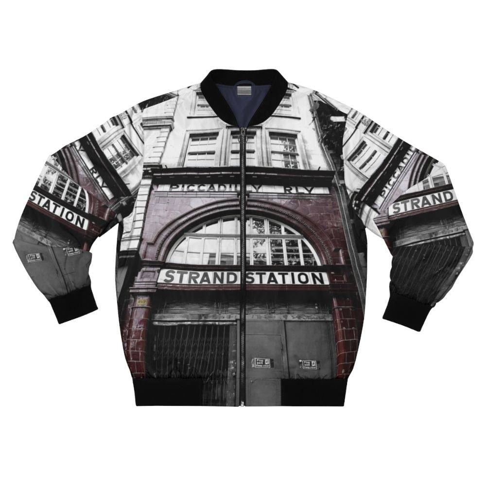 A bomber jacket featuring the iconic Aldwych Underground station design from London's historic tube network.