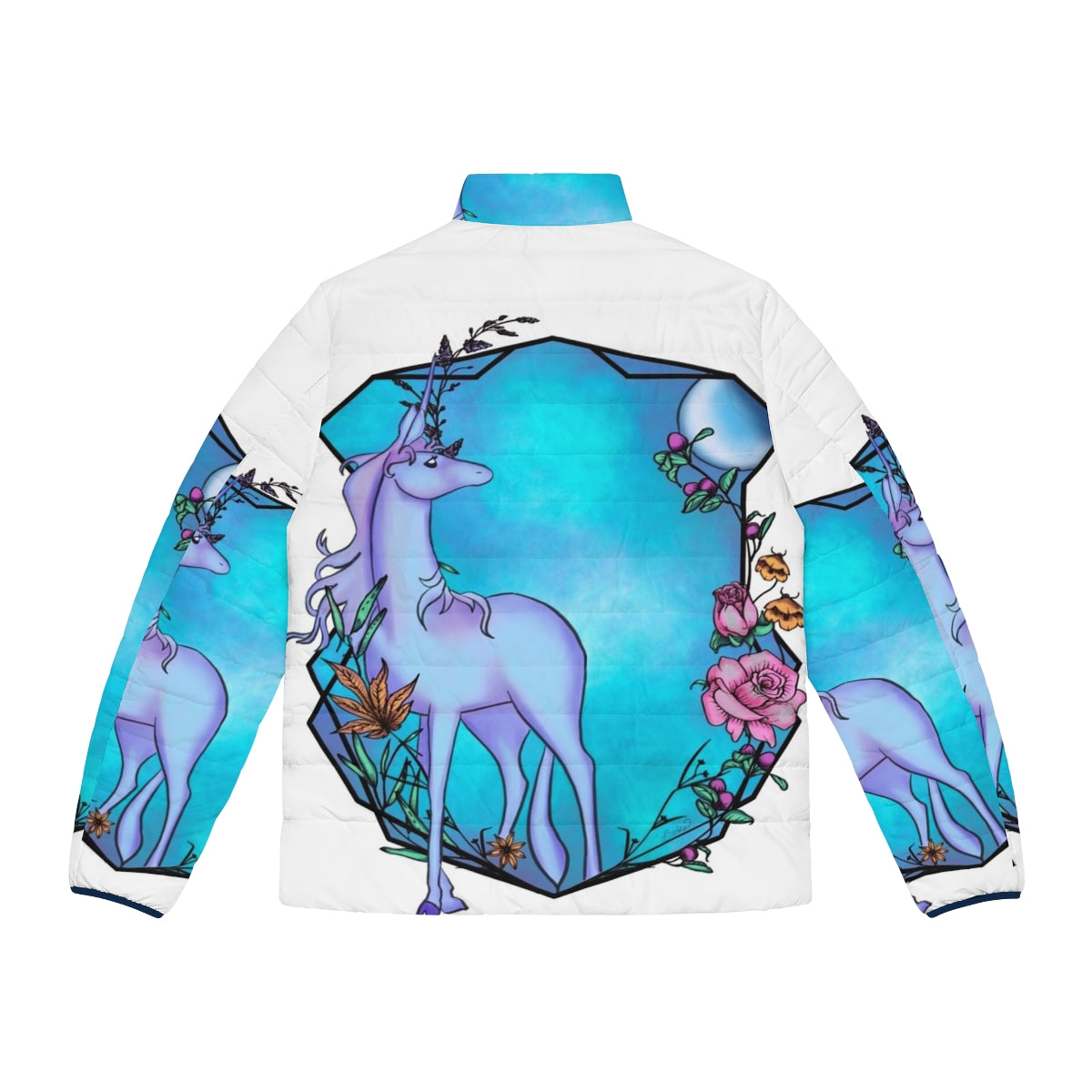 Whimsical watercolor unicorn design on a cozy puffer jacket - Back