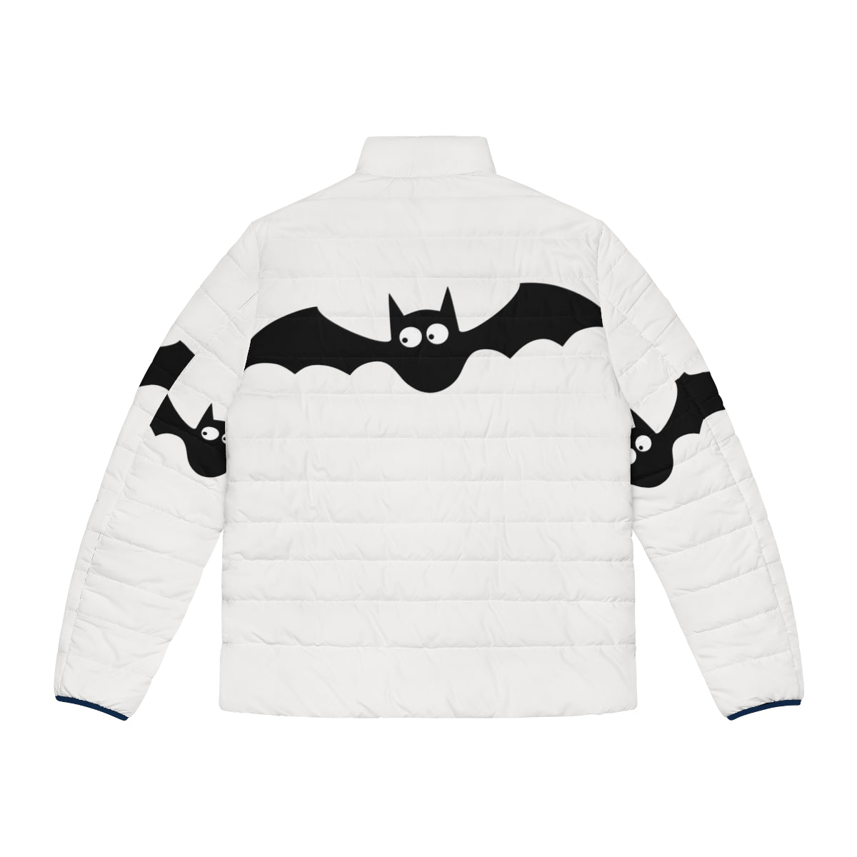 A black puffer jacket with a cute bat design, perfect for the Halloween season. - Back