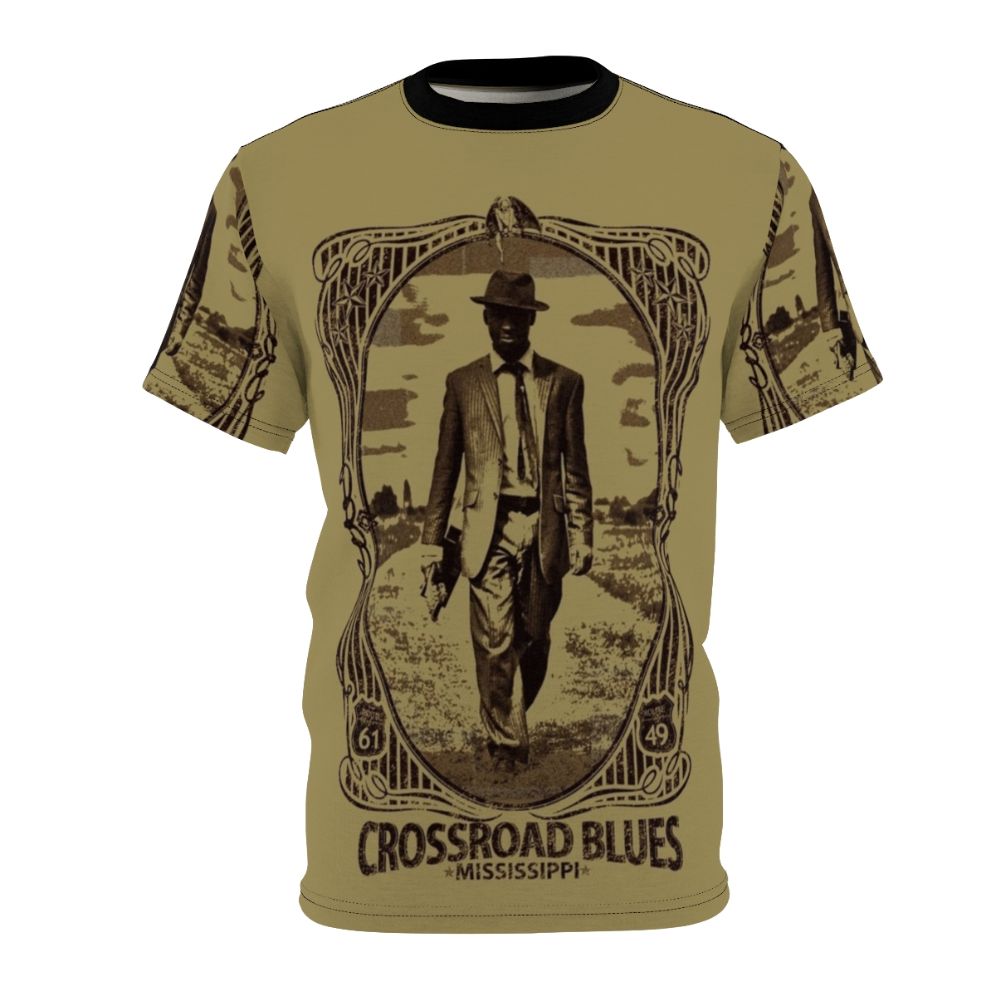 Crossroads blues-inspired t-shirt with graphic artwork representing the legendary Robert Johnson and delta blues music.