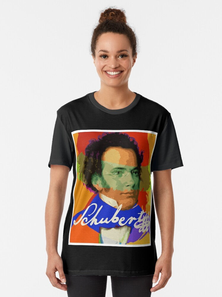 Schubert graphic t-shirt featuring a stylized design for classical music enthusiasts - Women