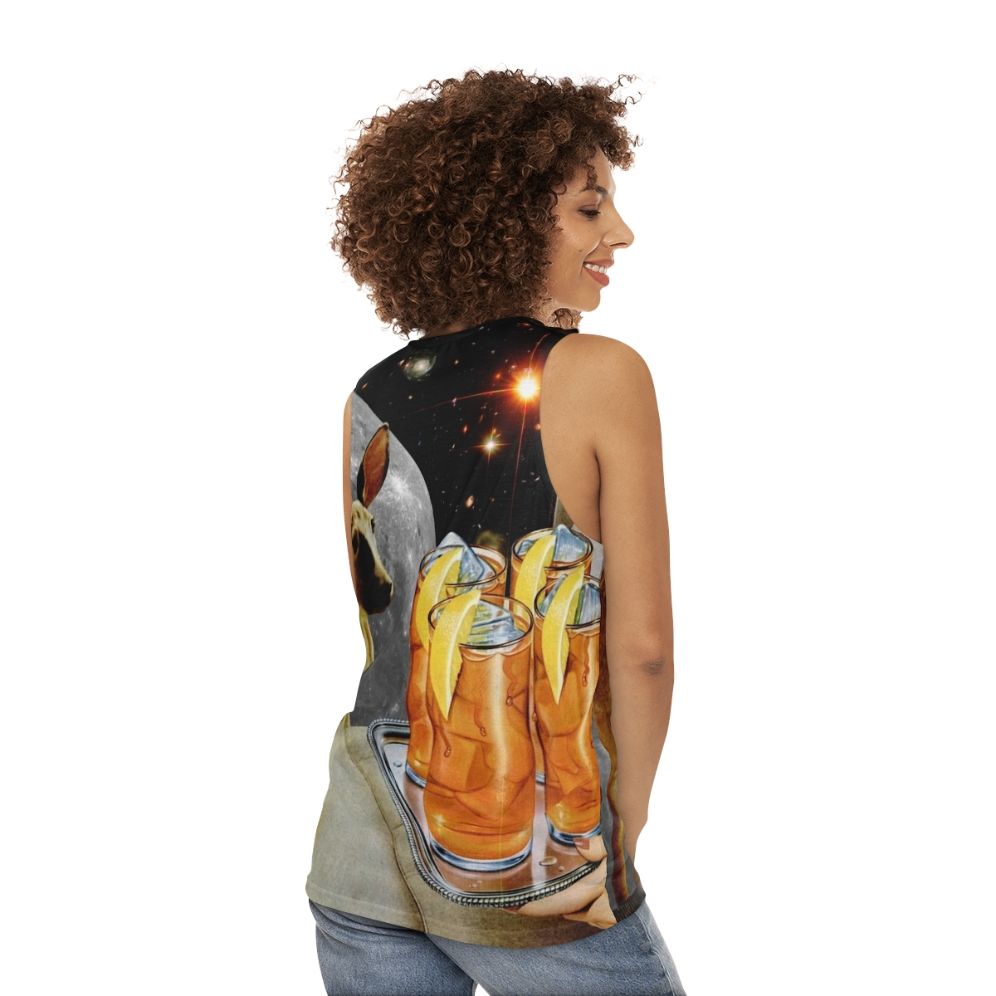 Retro deer unisex tank top with collage art design - women back