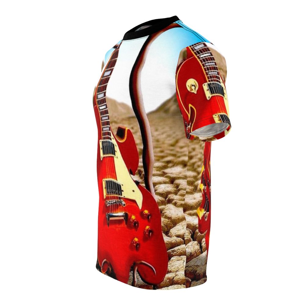 Vintage abstract t-shirt design featuring a melted guitar in a surreal desert landscape - men left