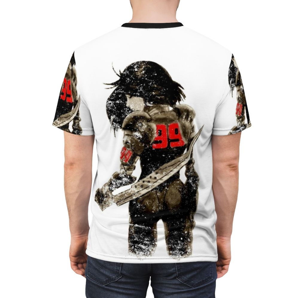 Distressed t-shirt featuring a manga-inspired design of a female cyborg android in a dystopian cyberpunk setting. - men back