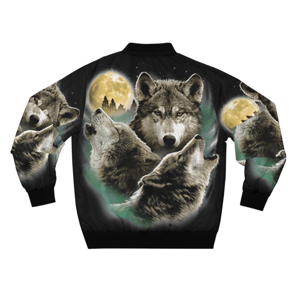 A bomber jacket featuring a design of three wolves howling at the full moon in a natural, wilderness setting. - Back