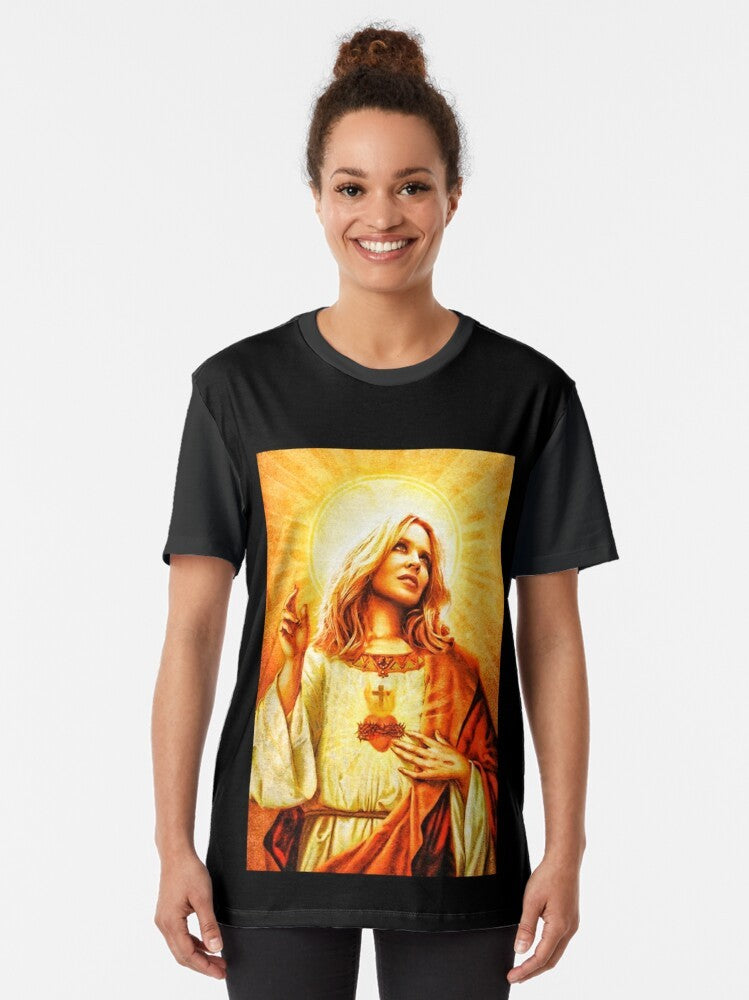 A colorful graphic t-shirt featuring Kylie Minogue, the iconic pop music diva. - Women