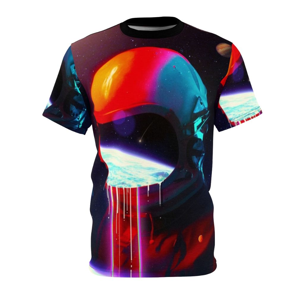 A surreal, abstract T-shirt design featuring a cosmic spill or leak, with elements of space, stars, and celestial bodies.