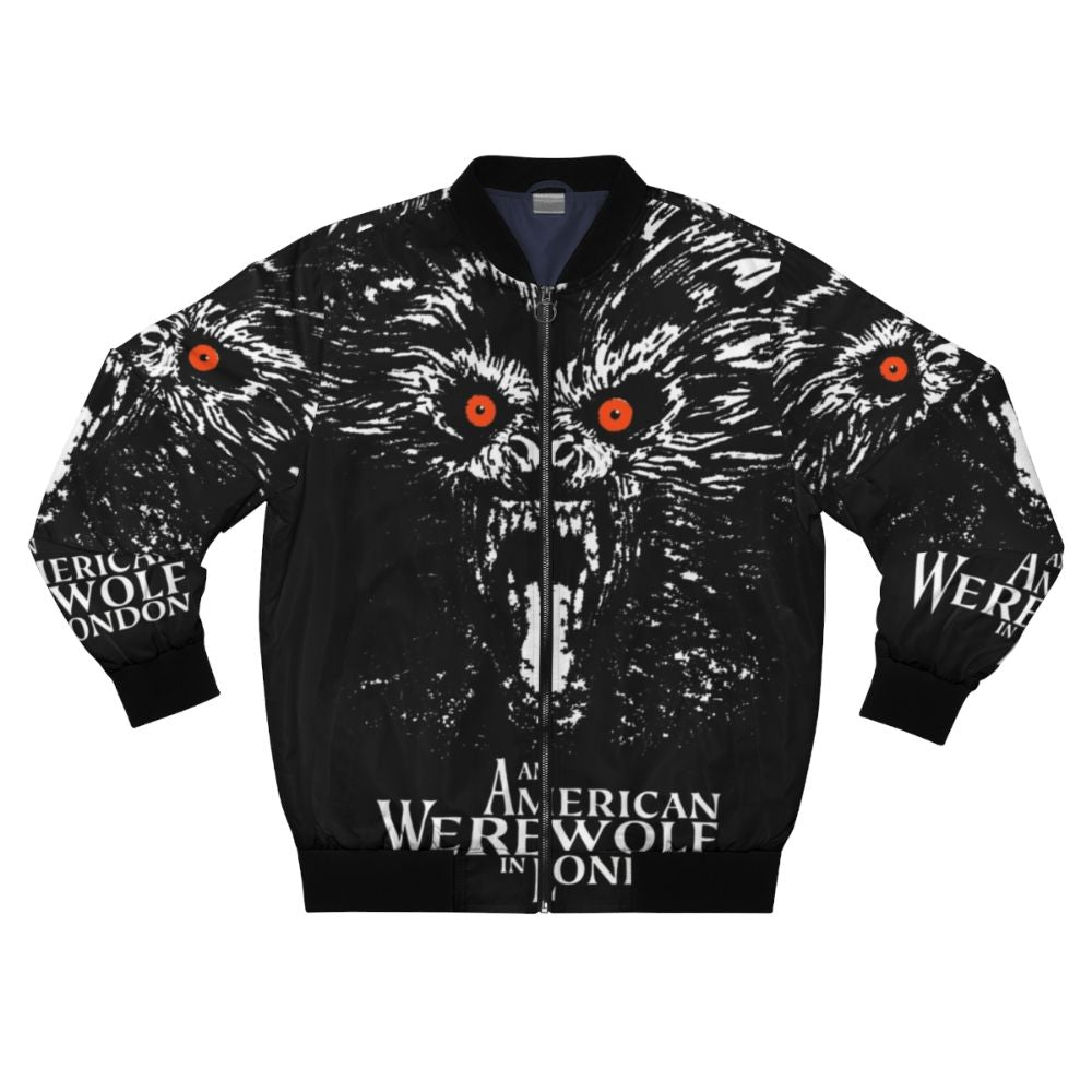 Bomber jacket featuring a graphic design of a werewolf transforming during a full moon in London.