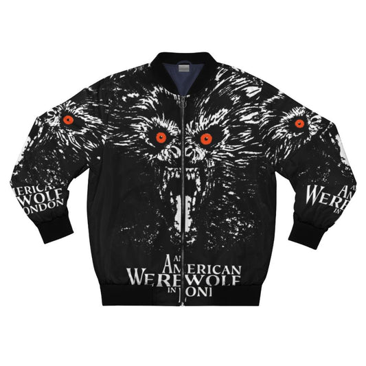 Bomber jacket featuring a graphic design of a werewolf transforming during a full moon in London.