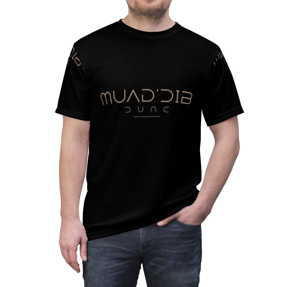 Dune-inspired Muad'Dib t-shirt with typography and desert planet Arrakis graphics - men front