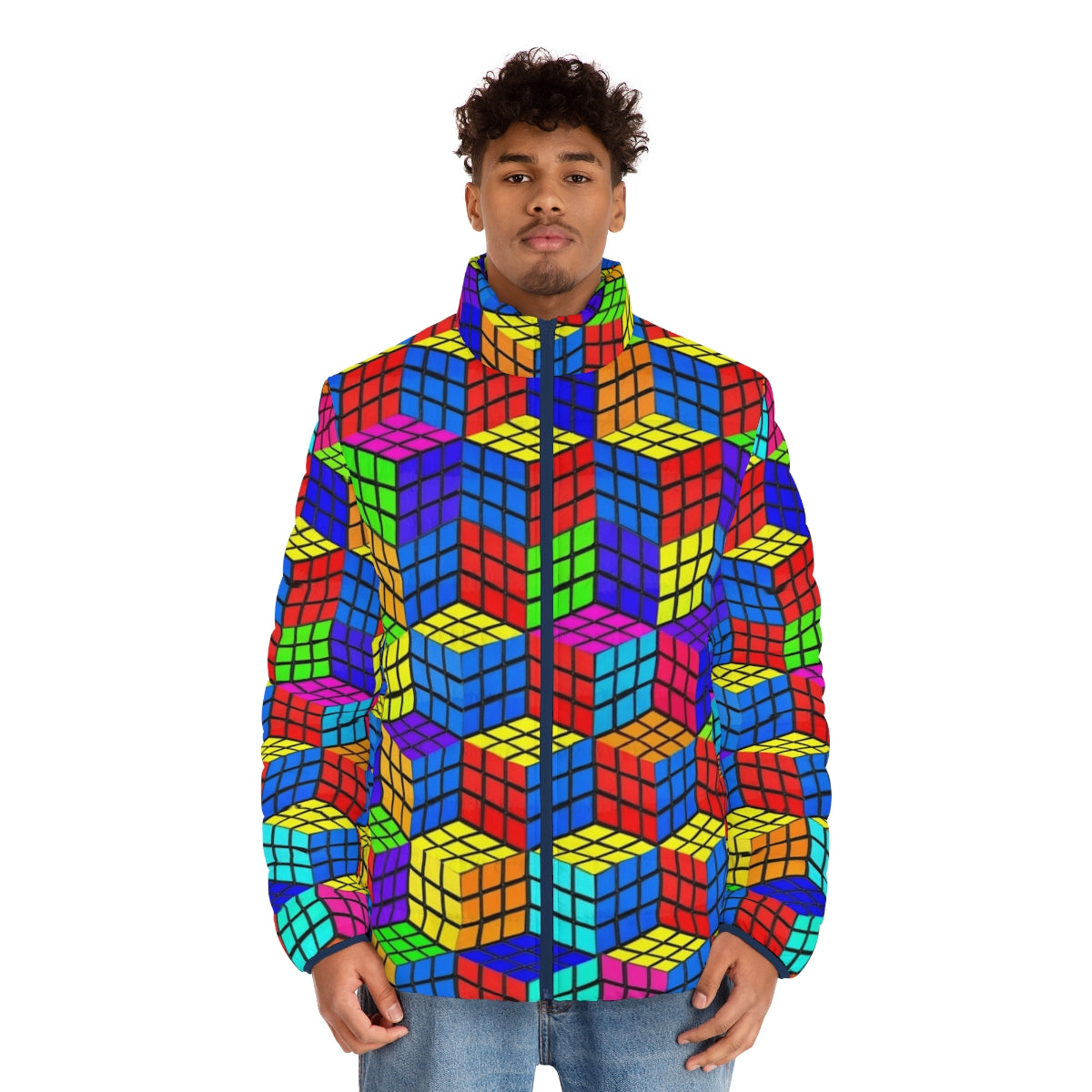 Rubik's Illusion 3D Puffer Jacket - Bright, Geometric and Abstract Design - men front